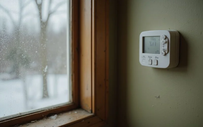 Thermostat set low beside a frosted window