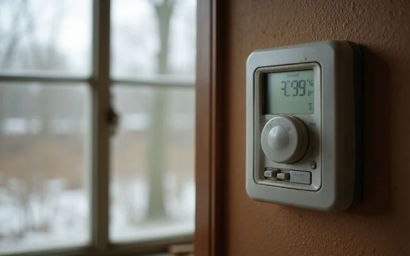 Thermostat set low beside a frosted window in an empty home