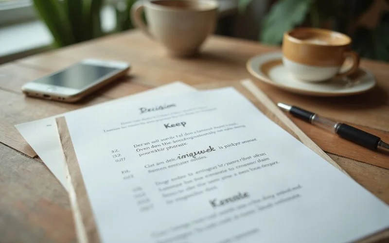 Three-column decision notes for keep, rent or sell