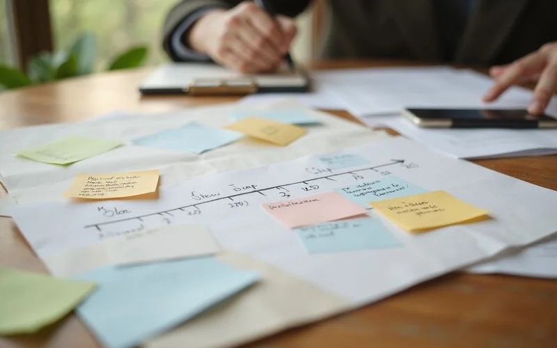 Timeline on paper with sticky notes for probate steps