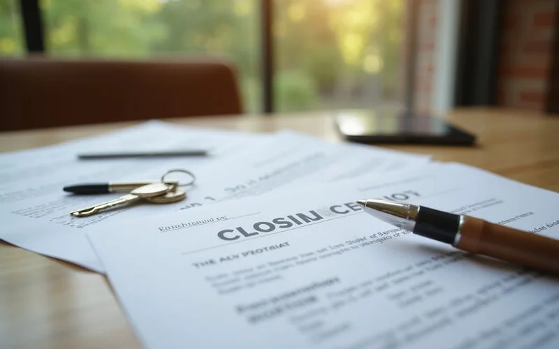 Title company closing table with documents and keys