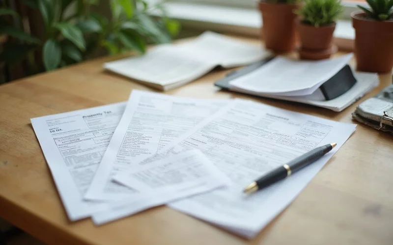 Utility bills and a property tax statement on a desk