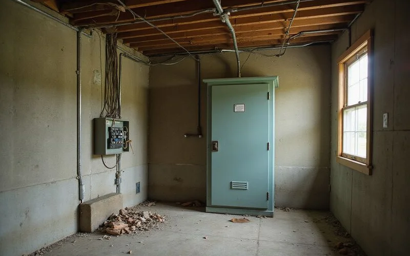 Vintage fuse box and old wiring in an older basement