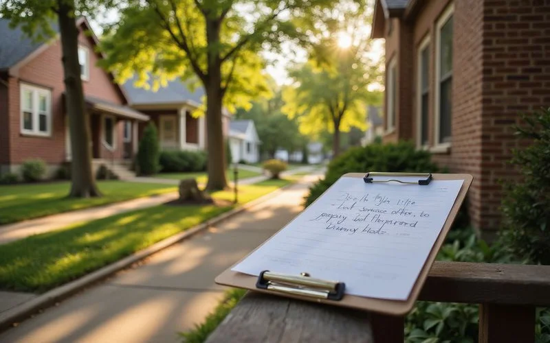 Written offer outline on a clipboard resting on a porch railing