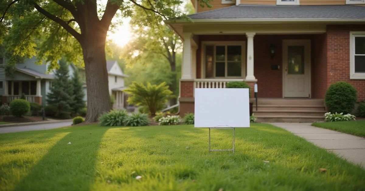 Blurred yard sign in front of a Saint Paul bungalow