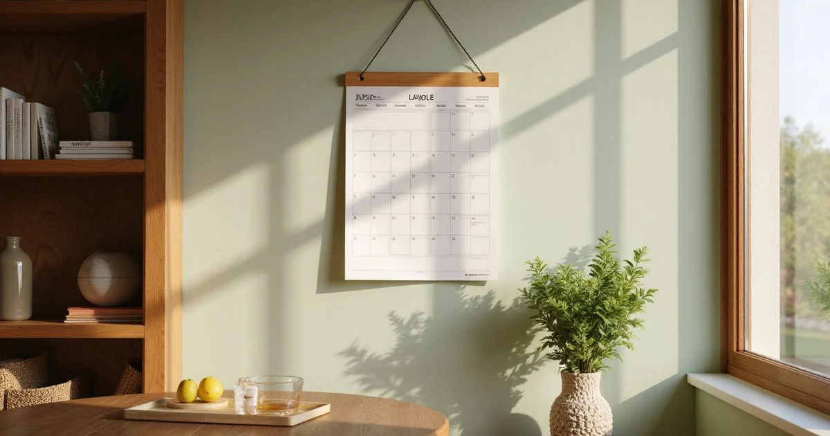 Calendar on a wall beside a window in an empty rental unit