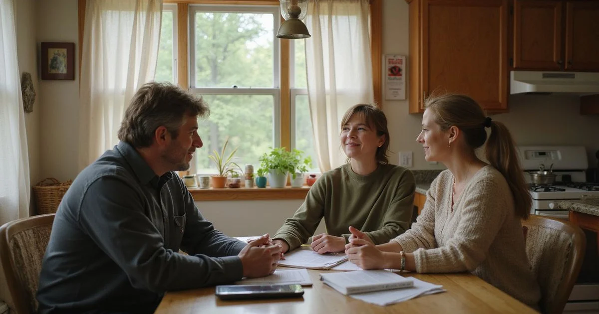 Couple talking with a housing counselor at a table