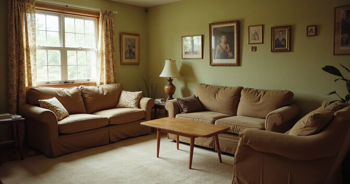 Empty family living room with afternoon light and framed photos
