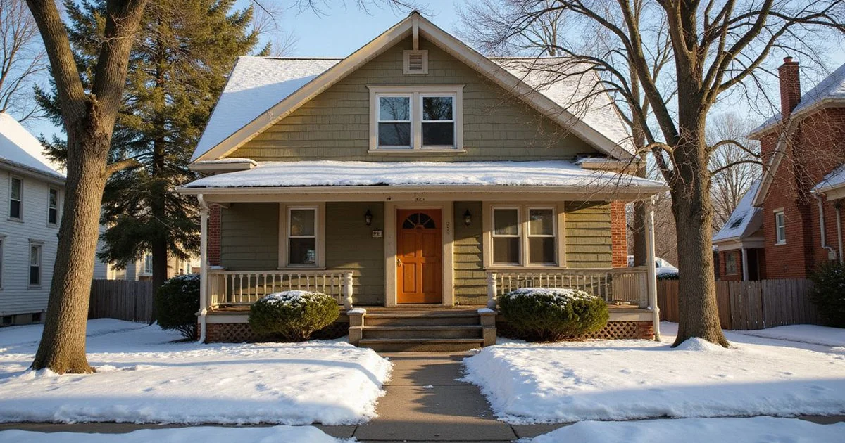Empty house with an unshoveled walk after light snow