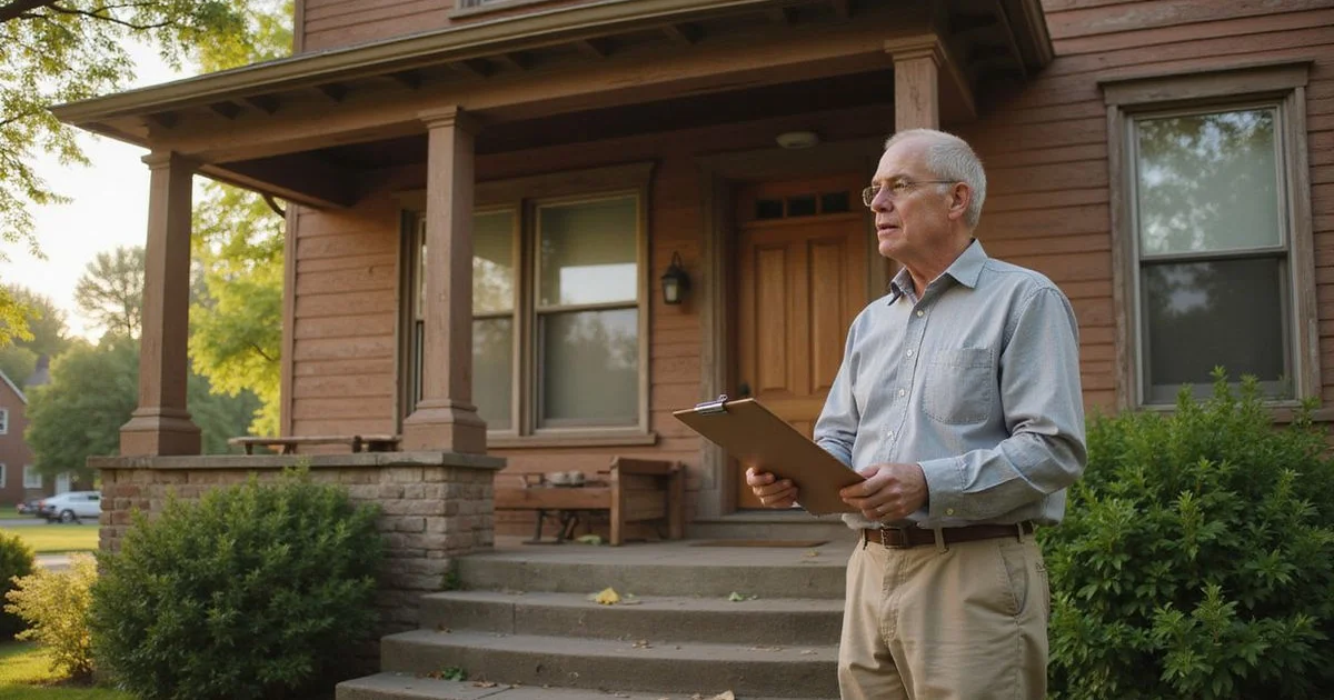 Evaluator with a clipboard on the porch of an older Saint Paul house