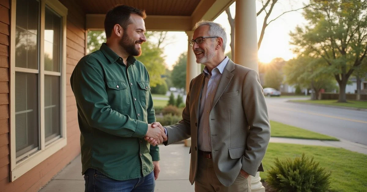 Ryan talking with a homeowner on a Saint Paul front porch