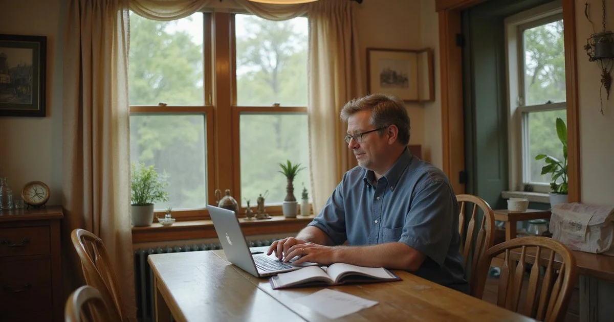 Homeowner reviewing property records on a laptop at a dining table