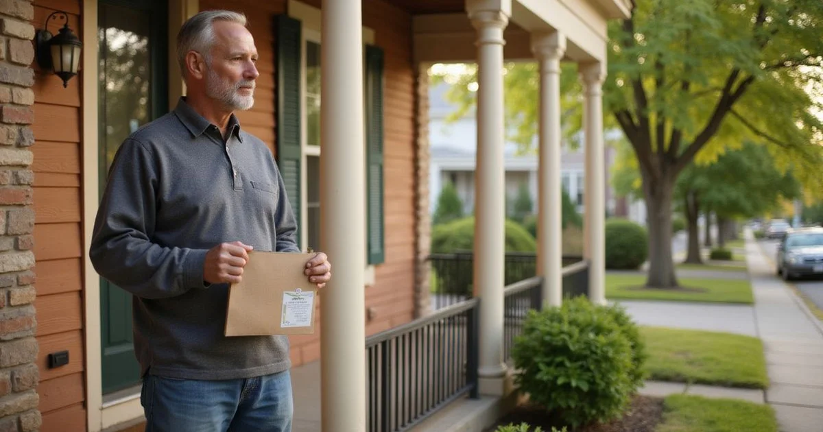 Homeowner holding a postcard mailer at the front door