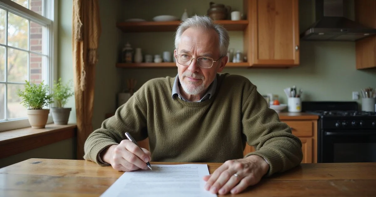 Homeowner reading a purchase agreement at a kitchen table