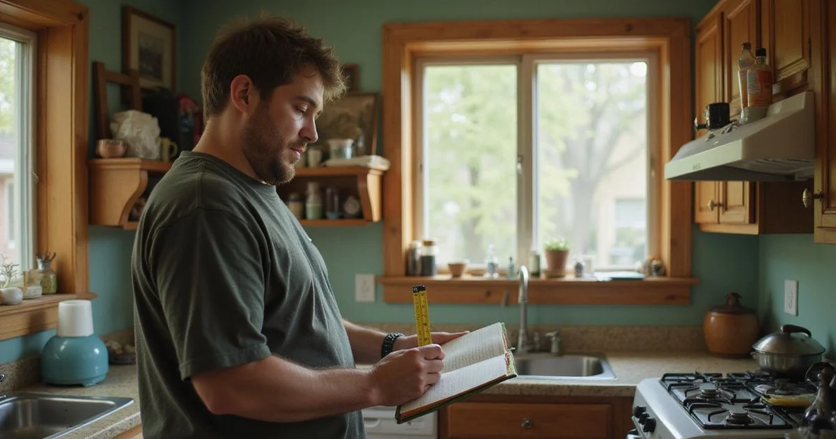Homeowner with a tape measure and notebook in a dated kitchen