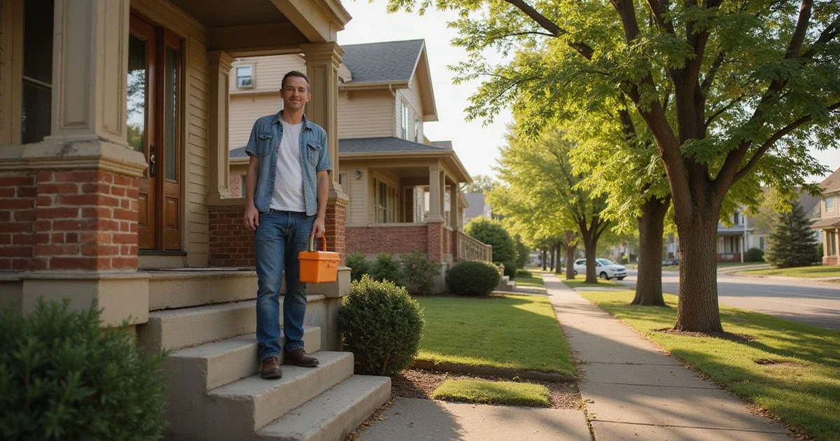 Landlord with a toolbox on the back steps of a Saint Paul rental
