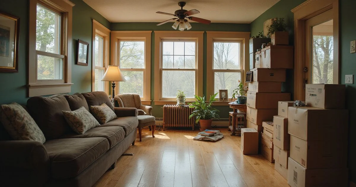 Living room with stacked boxes and old furniture