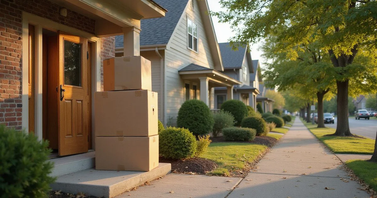 Moving boxes stacked by the door of a Saint Paul home