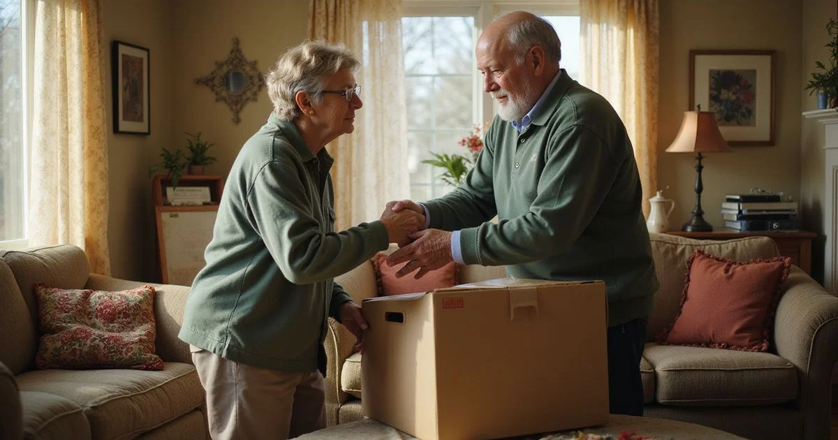 Older couple packing keepsakes in a sunlit living room