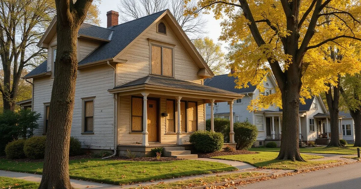 Older house with boarded windows on a Saint Paul street in autumn