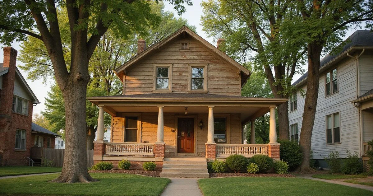 Older Saint Paul house with peeling porch paint under mature trees