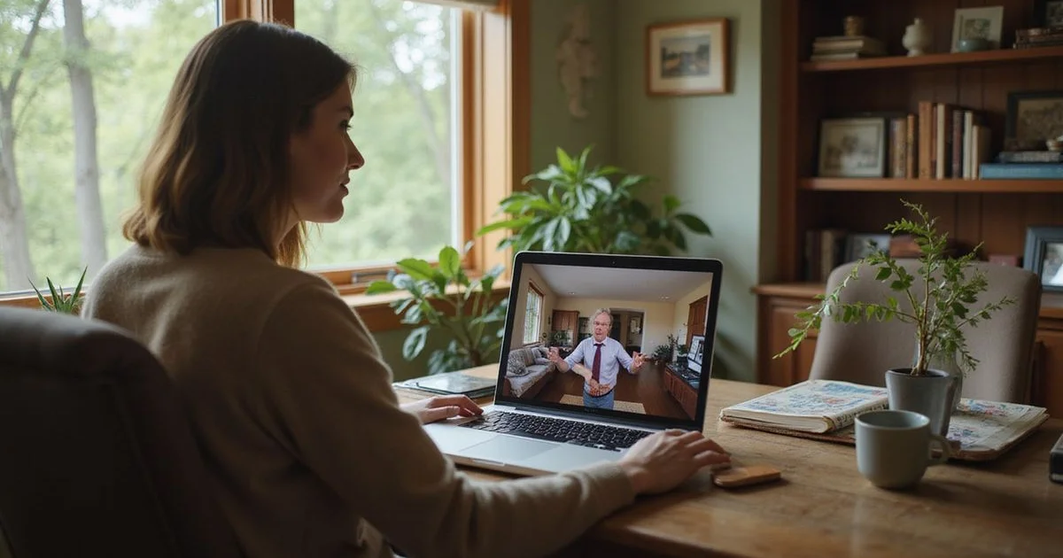 Person viewing a house walkthrough on a laptop video call