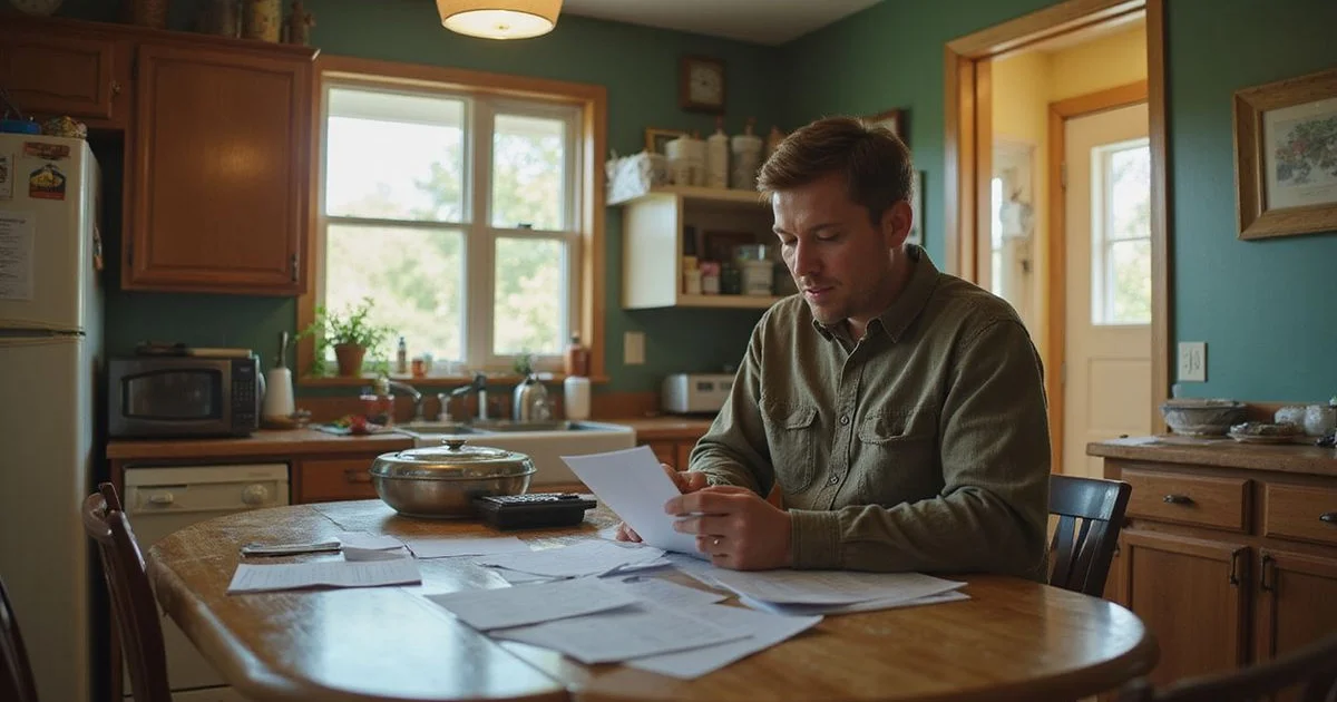 Person reviewing tax forms with a calculator at a kitchen table