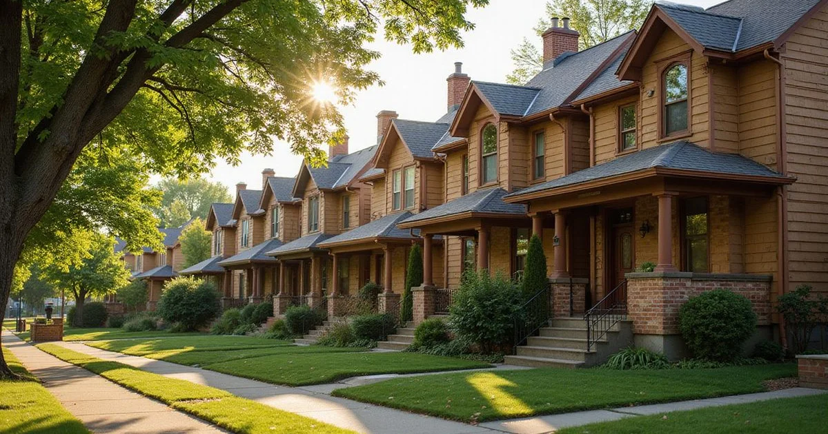 Row of classic Saint Paul houses on a tree-lined street