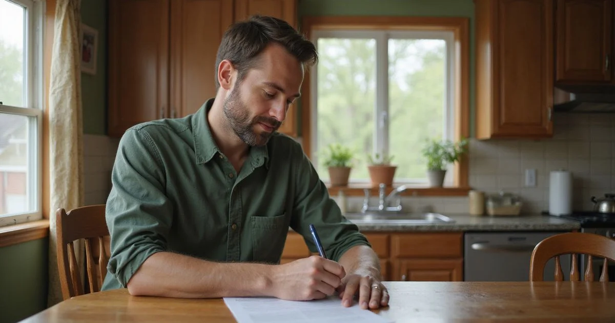 Seller filling out a disclosure form at a kitchen table