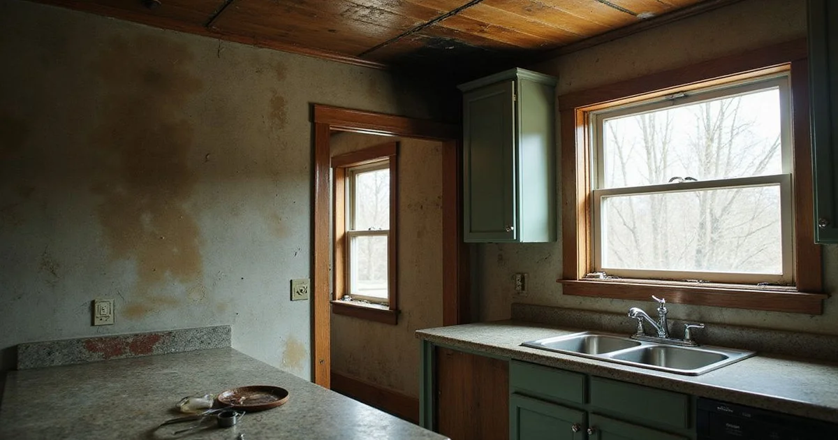 Smoke-stained kitchen ceiling after a small fire