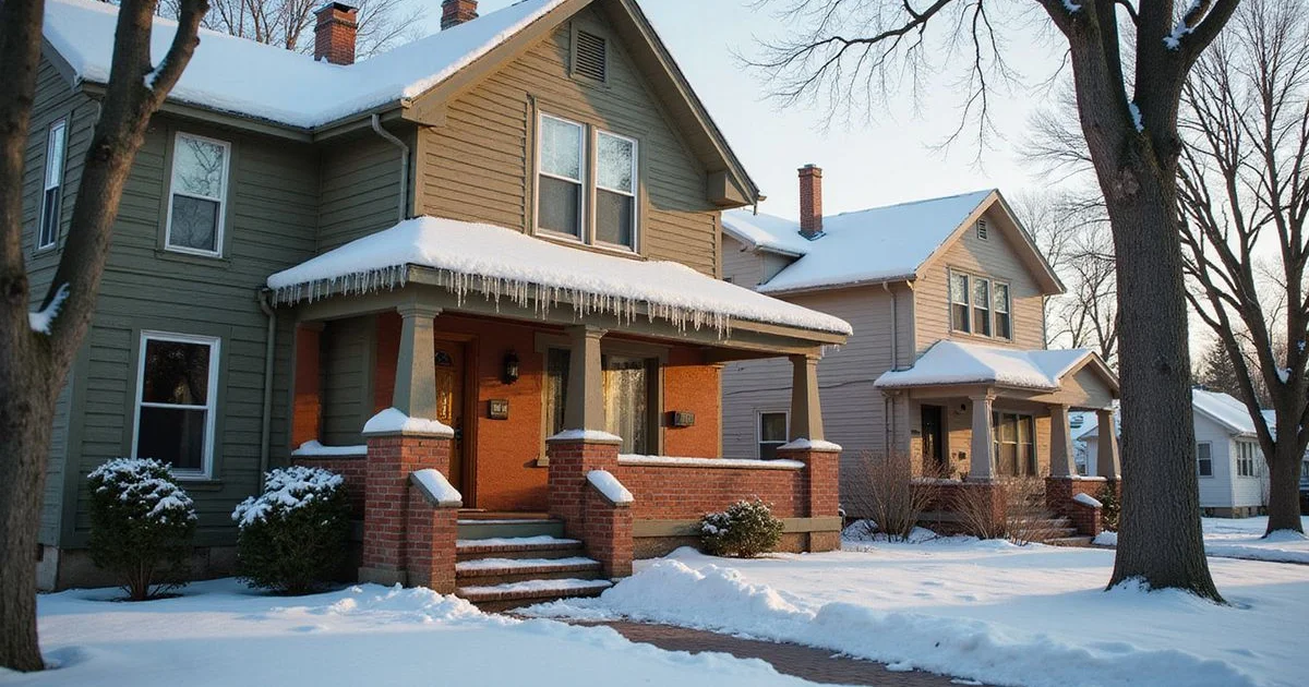 Snow-covered Saint Paul house with icicles on the eaves