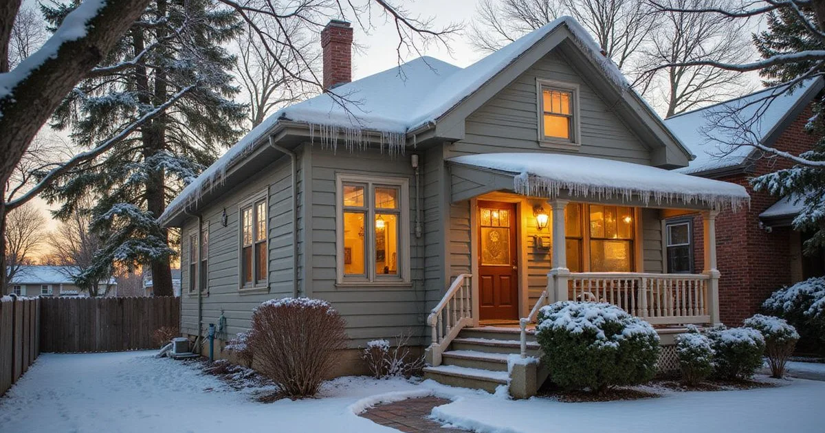 Snow-covered Saint Paul house with a warm porch light on a winter afternoon