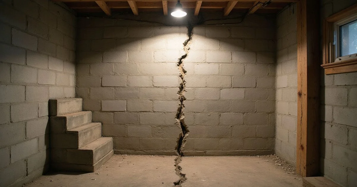 Stepped crack in a concrete block basement wall