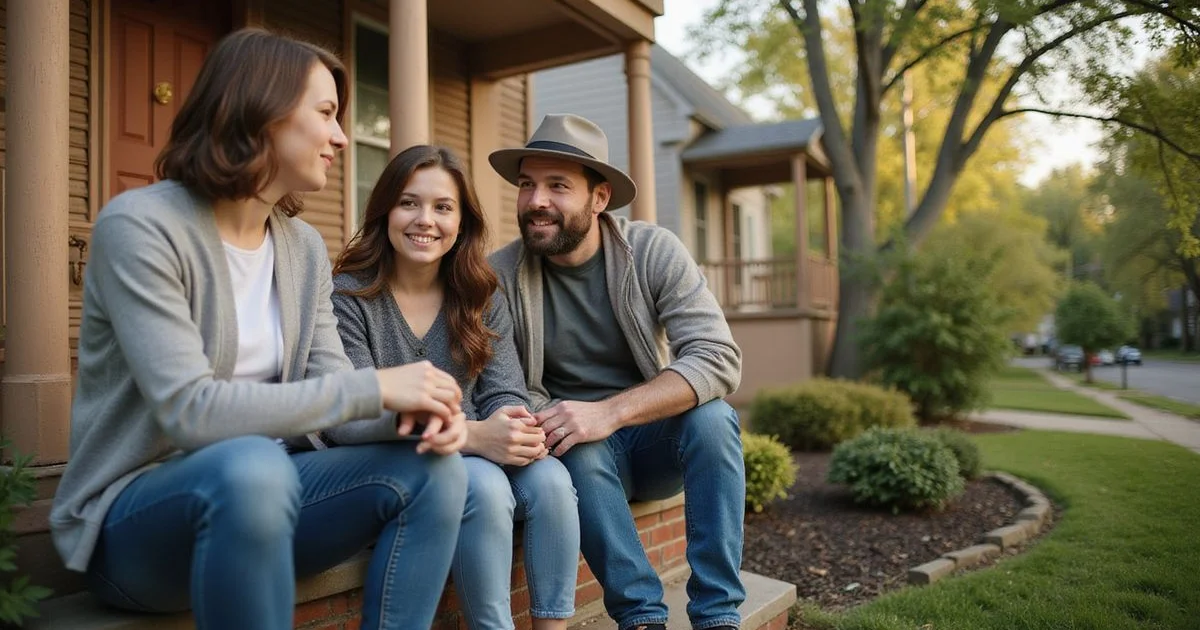 Three adult siblings talking on the steps of a family home