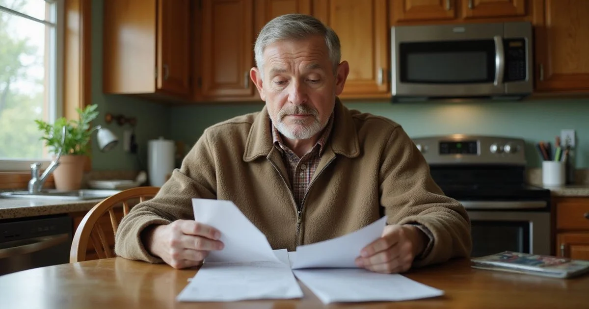 Homeowner reading mail at a kitchen table in morning light