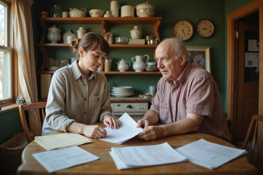 Siblings sorting papers in an inherited North End home