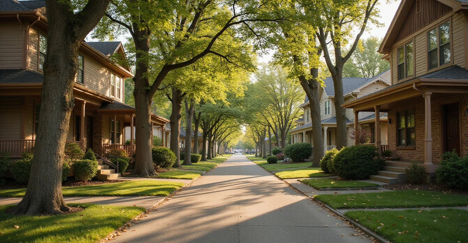 Classic Saint Paul residential street with wood-sided houses and boulevard trees
