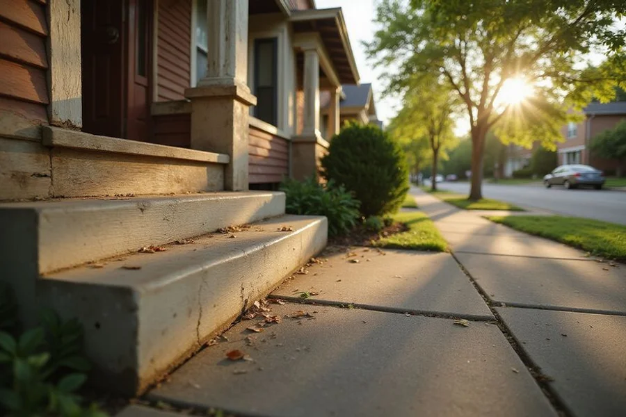 Worn porch steps and original siding on an older Frogtown home