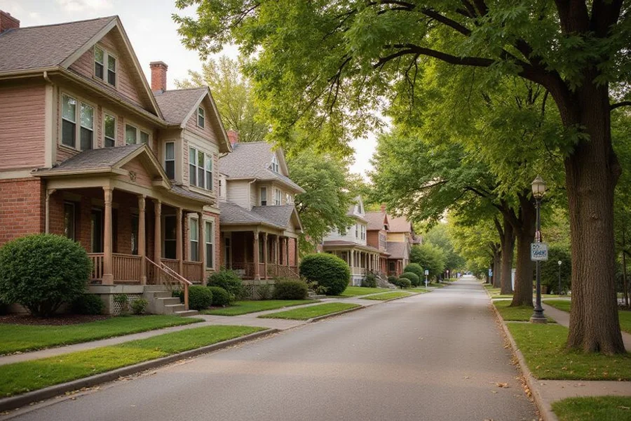 Curving street with 1920s homes in Desnoyer Park