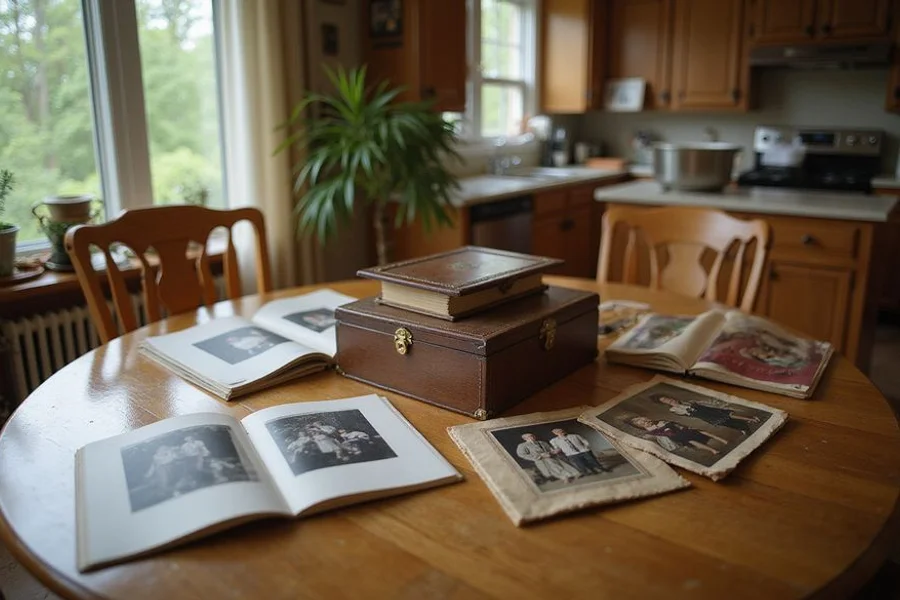 Family keepsakes on a dining table in a long-held Como Park home