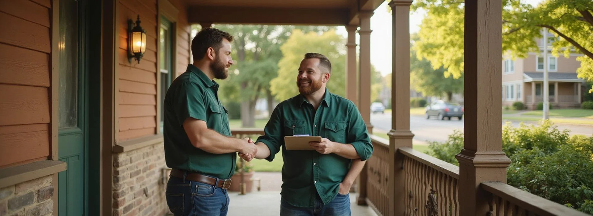 Ryan talking with a homeowner on a Saint Paul front porch