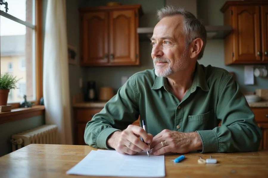 Homeowner reviewing a written offer outline at a kitchen table