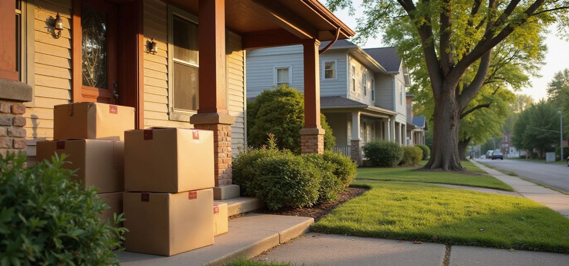 Moving boxes stacked by the front door of a Saint Paul home