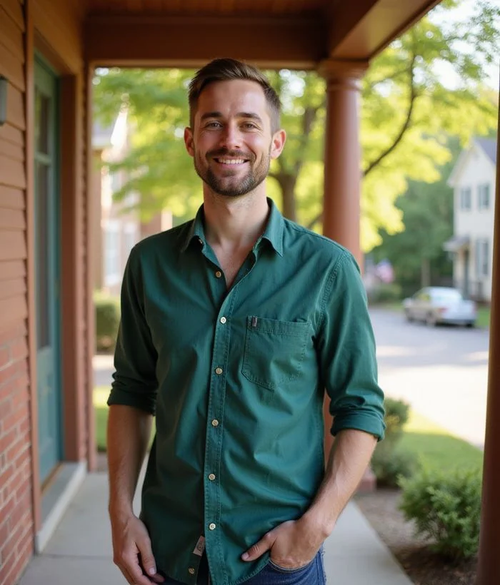 Ryan Quade, local contact for We Buy Houses in Saint Paul, on a Saint Paul front porch