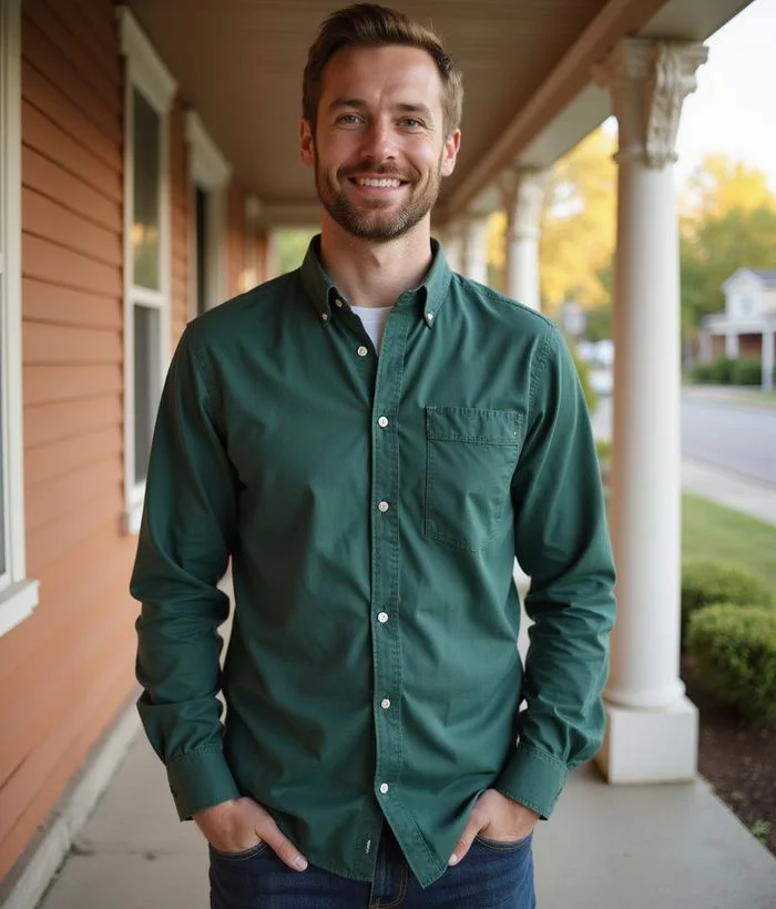 Portrait of Ryan Quade on the front porch of a Saint Paul house