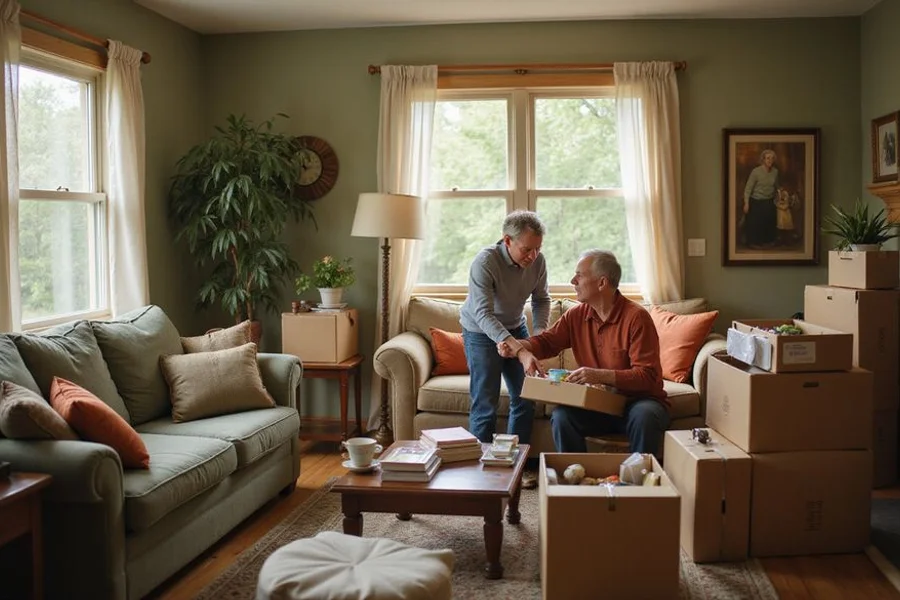 Couple packing keepsakes while downsizing from a Highland Park home