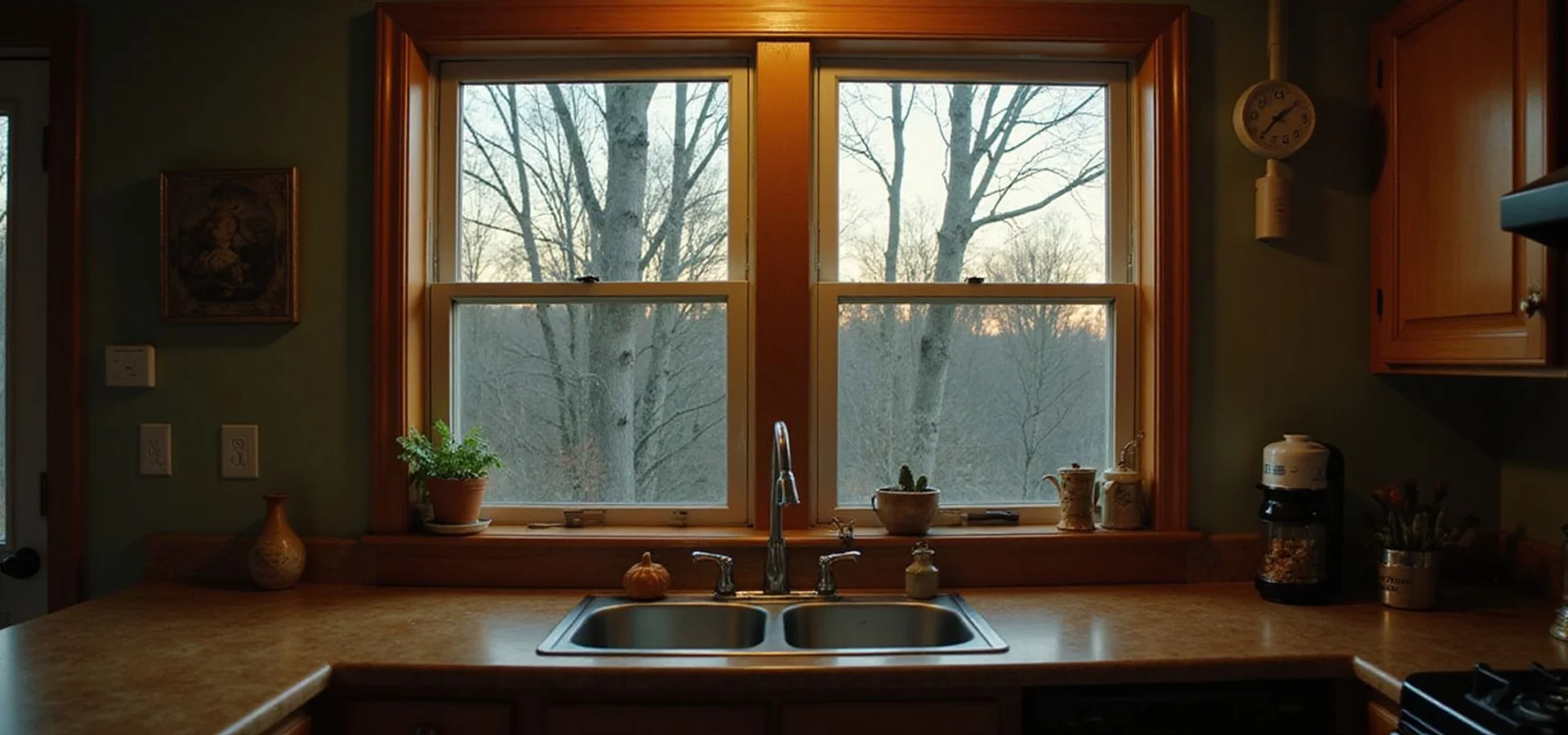 Quiet Saint Paul house at dusk with a light in the window